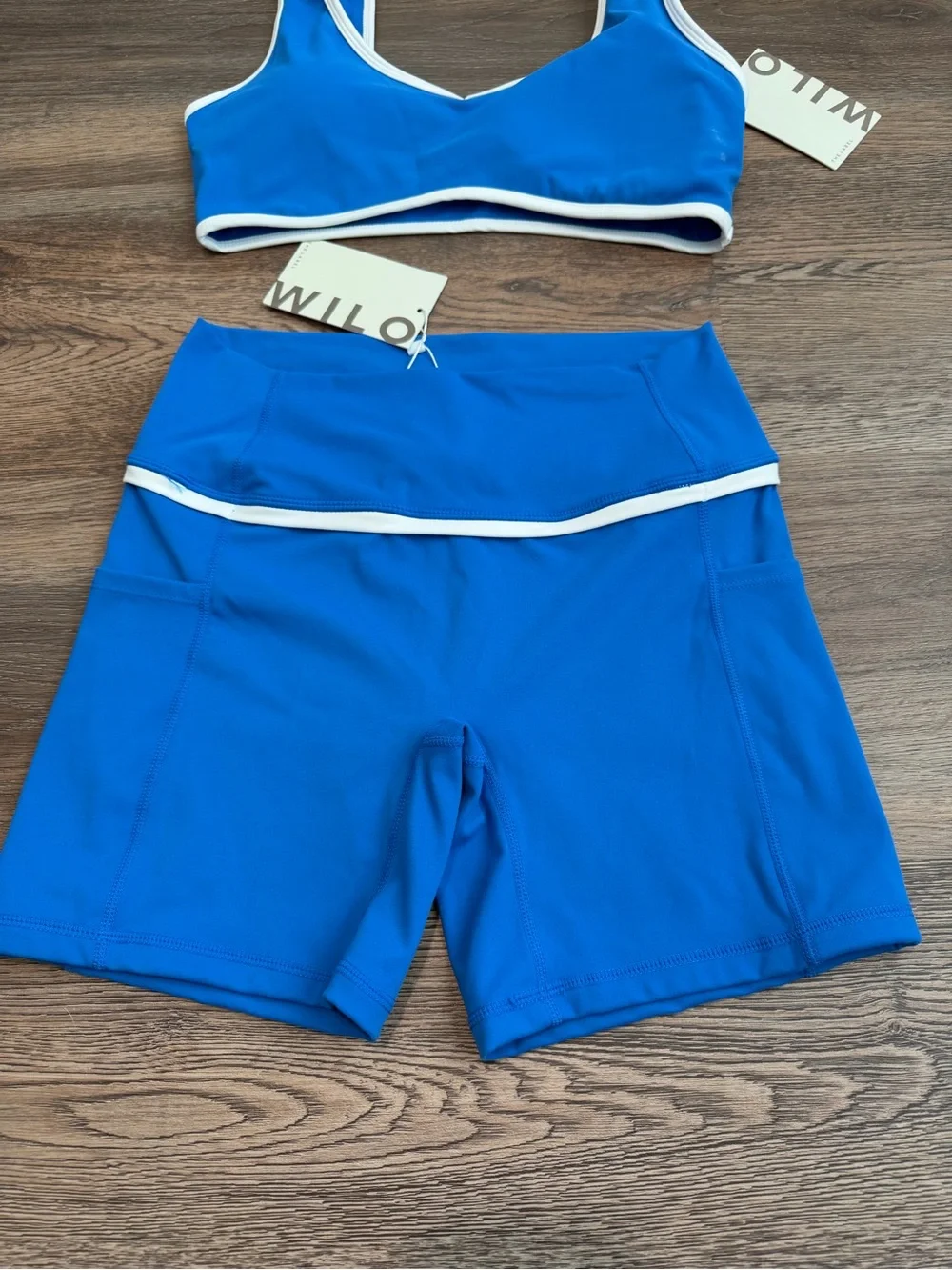 NWT Wilo The Label Active Set Sports Bra Biker Shorts Cobalt Blue White Medium